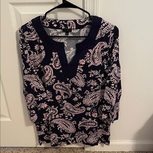 Talbots Navy and Pink Paisley V-Neck Top